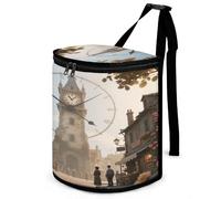 KOAYUBFC 8.7L Spill-Proof Car Trash Can - Easy to Clean Hanging Magic Clock Tower Town Printed Trash Can - Zippered Lid Waterproof - Keeps Cars SUVs Trucks Minivans Odor-Free