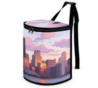 KOAYUBFC 8.7L Spill-Proof Car Trash Can - Easy to Clean Hanging Skyline at Dusk Printed Trash Can - Zippered Lid Waterproof - Keeps Cars SUVs Trucks Minivans Odor-Free
