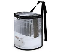 KOAYUBFC 8.7L Spill-Proof Car Trash Can - Easy to Clean Hanging White Rabbit in The Snow Printed Trash Can - Zippered Lid Waterproof - Keeps Cars SUVs Trucks Minivans Odor-Free