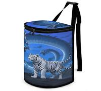 KOAYUBFC 8.7L Spill-Proof Car Trash Can - Easy to Clean Hanging White Tiger Blue Dragon Printed Trash Can - Zippered Lid Waterproof - Keeps Cars SUVs Trucks Minivans Odor-Free