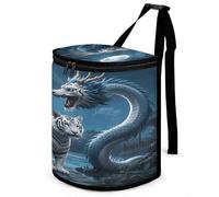 KOAYUBFC 8.7L Spill-Proof Car Trash Can - Easy to Clean Hanging White Tiger Blue Dragon Printed Trash Can - Zippered Lid Waterproof - Keeps Cars SUVs Trucks Minivans Odor-Free