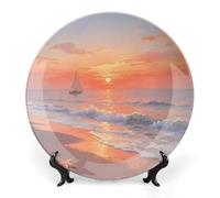 KOAYUBFC Bone China Decorative Plates A Sunset at The Seaside Ceramic Decorative Plate Wall Decor with Display Stand Ceramic Ornaments for Wall Hanging Decoration
