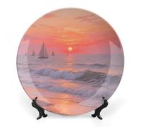 KOAYUBFC Bone China Decorative Plates Sunrise on The Seaside Ceramic Decorative Plate Wall Decor with Display Stand Ceramic Ornaments for Wall Hanging Decoration