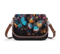 KOAYUBFC Colorful Butterflies Flying Around on Black Background Crossbody Bags for Women Removable Straps And Zipper Closure Leather Shoulder Bags Womens Handbags Clutch Purse