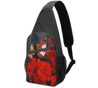 KOAYUBFC Cross Body Bag Sling Backpack Casual Pouch Asgens Crossbody Sports Chest Bags Red Flowers And Butterflies Tactical Chest Bag Suitable for Hiking Cycling Running Shopping And More Unisex