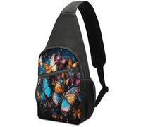 KOAYUBFC Crossbody Bags for Women Men，Chest Bag Daypack Crossbody Colorful Butterflies Flying Around on Black Background Outdoor Sports Chests Bag Suitable for Hiking Running Cycling And Shopping