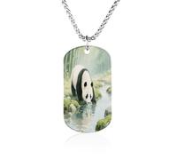 KOAYUBFC Custom Panda Drinking Water Dog Tag Necklace 23.6" Chain Personalized Photo Pendant for Men Women Stainless Steel Memorial Picture Couple Necklace Jewelry Keepsake Bereavement Sympathy Gifts
