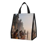 KOAYUBFC Prayer at The Ganges Insulated Lunch Bag Box, 12L Capacity with Dual Side Pockets, Foldable Cooler Tote, Leakproof Lunch Cooler Bag, Reusable Picnic Tote Bags for Work Travel Office Beach
