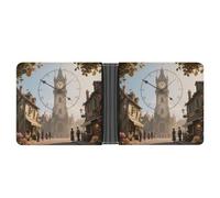 KOAYUBFC Slim Wallet Compact Bifold Wallet Magic Clock Tower Town Leather Wallets，Minimalist Wallets for Men with Credit Card Holder Leather Coin Slot ID Window Unisex
