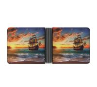 KOAYUBFC Slim Wallet Compact Bifold Wallet Pirate Ship in The Sunset Leather Wallets，Minimalist Wallets for Men with Credit Card Holder Leather Coin Slot ID Window Unisex