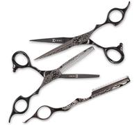 Kobe Professional Genesis Complete Cutting Set | Japanese 440C Stainless Steel Damascus Effect | 6 Inch Scissor, Thinning Scissor & Styling Razor | Ergonomic Offset Salon Toolkit