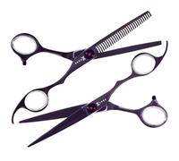 Kobe Professional Nebula Scissor Set, Carbon Black 6.0 Inch Cutting and Thinning Scissors Bundle, Ergonomic Offset Handle with Red Jewel Accents and Protective Case