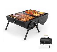 KOBENDA Portable BBQ Grill Smoker - Small Camping BBQ with 2 in 1 Grid Griddle, Adjustable Chimney, Mini Barbecue Grill Secure Lock for Outdoor Cooking