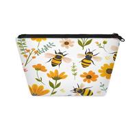 KOBLEN Bees In Floral Field Small Cosmetic Bag for Women, Waterproof Makeup Bag with 2 Inner Mesh Pockets, Portable Travel Toiletry Bag for Business, Family Trips, Camping, Beach