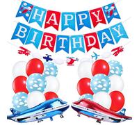 Koboko Aeroplane Birthday Decoration Set, Happy Birthday Banner with Balloons, Blue Red White Clouds Theme Party Decoration, Aeroplane Foil Balloons and Latex Balloons, 21 Pieces