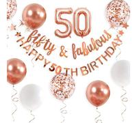 KOBOKO Balloon 50th Birthday Woman Rose Gold Decoration 50th Birthday Balloons White, Happy Birthday Banner Foil Balloon 50, Confetti Balloon 50th Birthday Woman Decoration, Birthday Decoration 50