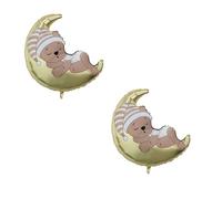 Koboko Cute Sleeping Bear on Moon Foil Balloon Set, Gold and Brown, Party Decorations, 2 Pieces with Ribbon and Straw