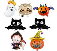 KOBOKO Halloween Foil Balloons Set, 7 Pieces, Ghost, Mummy, Pumpkin, Bats and Witch Hat Designs, Party Decoration
