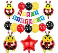 KOBOKO Ladybird Balloons - Pack of 16 Decorative Banners, Foil Balloon Animals Ladybug Party Balloons for Jungle Birthday Decoration in Red and Black