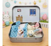 KOBONA 2 Pcs Bunnies in Tin Box, Little Pocket Bunny Decorative Boxes, Easter Pocket Hug Bunny Plush Toys for Kids, Easter Basket Stuffer, Lovely Sleeping Bunny Plush Toy for Children Friend