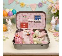 KOBONA 2 Pcs Bunnies in Tin Box, Little Pocket Bunny Decorative Boxes, Easter Pocket Hug Bunny Plush Toys for Kids, Easter Basket Stuffer, Lovely Sleeping Bunny Plush Toy for Children Friend