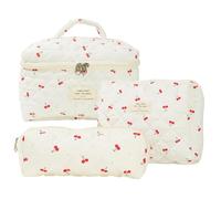 KOBONA Toiletry Bags Quilted Makeup Bag for Women Cherry Pattern Aesthetic Cosmetic Bag with Clutch Bag & Pen Case Wash Bag Makeup Cosmetic Organizer for Women Girls