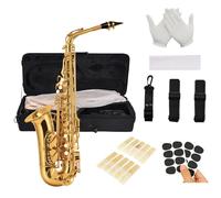 KOCAN Bb Alto Saxophone, Gold Lacquered Brass with Shell Material Keys, Hand Carved, Complete Kit with Mouthpiece, Reeds, Carry Case, Gloves, Straps, 65cm Height for Experienced Players