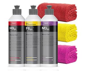 Koch Chemie Polish Set: Heavy H9.02 + Micro Cut M3.02 + Fine Cut F6.01 + 3 detailmate Microfibre Cloths 40 x 40 cm 550 GSM