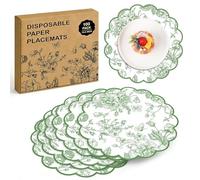 Kochorie Green Floral Paper Placemats 100 Pack, Disposable Scalloped Table Mats, Green Vintage Flower Paper Place Mat, 13.5 x 13.5 Inch for Weddings Bridal Showers Party Décor