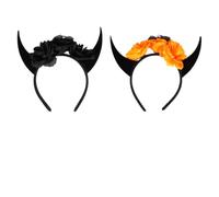 KOCKSHION 2pcs Halloween Skull Horn Headband Fabric Devil Headpieces with Flowers Comfortable Fit for Adults Teens Cosplay Party Accessories