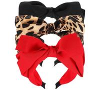 KOCKSHION 3pcs Elastic Bowknot Hairbands for Women, Decorative Plastic and Cloth Headbands with Khaki Leopard Print, Black and Red Colours, for Festive Parties and Costume Events