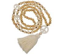 KOCKSHION Boho Hippie Wooden Beads Necklace with Peace Sign Pendant and Long Tassel for Women, Elegant Beige Sweater Chain, for Anniversary and Graduation Gifts