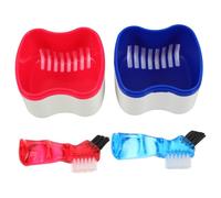 KOCKSHION Denture Brush and Blue Retainer Storage Box Set with Strainer Basket, 2pcs Artificial Teeth Cleaning Case for Home and Travel Oral Care