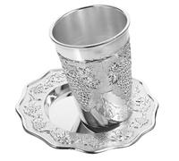 KOCKSHION Jewish Shabbat Blessing Wine Cup Set with Saucer, Engraved Zinc Alloy Goblet, for Passover and Important Jewish Holidays, Silver Ritual Cup Gift