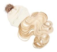 KOCKSHION Long Hair Wig Beanie Hat for Women with Pom Pom, White Wool Knitted Hat and Long Wavy High Temperature Silk Hair, No Tape Glue or Sew Needed, for Winter and Outdoor Use
