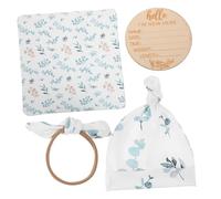 KOCKSHION Newborn Swaddle Blanket and Hat Set for Baby Girl with Eucalyptus Leaf Pattern, Soft Cotton Receiving Blanket, Headband and Wooden Name Sign for Infant Birth Announcement