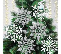 Kockuu 6pcs Large White Silver Snowflakes Ornaments, Giant Plastic Glitter Snowflake for Winter Indoor Outdoor Christmas Tree Window Room Decorations, 12/11.5 Inch
