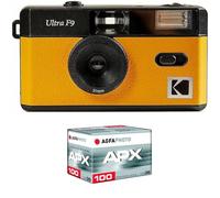 KODAK Pack F9 Silver + 100 ASA Film - Rechargeable 35mm Yellow Camera, Fixed Wide Angle Lens, Optical Viewfinder, Built-in Flash + APX 100 Film, 36 Exposures