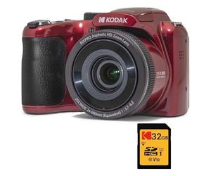 KODAK Pixpro Astro Zoom AZ255 + SD Memory Card 32 GB - 16 MP Digital Bridge Camera, 25X Zoom, 1080p HD Video, 24 mm Wide Angle, 3 LCD Screen, AA Battery - Red