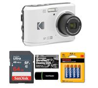 Kodak PIXPRO FZ45 16MP Digital Camera 4X Optical Zoom 27mm Wide Angle 1080P Full HD Video 2.7" LCD Camera (White) + 64GB Card and Reader + AA Batteries (4-Pack) + Cleaning Cloth