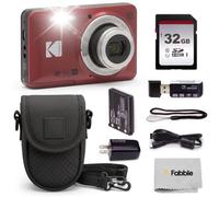 KODAK PIXPRO FZ55 16MP Digital Point & Shoot Camera, 5X Optical Zoom, 28mm Wide Angle, 1080P Full HD Video, Bundle with 32GB SD Card, Protective Case and Hi-Speed Card Reader (Red)