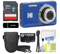 Kodak PIXPRO FZ55 Blue 16MP Digital Camera 5X Optical Zoom 28mm Wide Angle 1080P Full HD Video 2.7" LCD Camera + 64GB Card and Reader + Case + Memory Wallet + Tripod + Cleaning Bundle