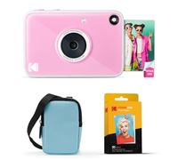 KODAK Printomatic+ Instant Print Digital Camera Starter Bundle + Carrying Case (Blue) + Zink 20pk Sticky-Back Photo Paper - 10MP, Full-Color Photos, GB LED Status Indicator - Pink