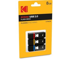 Kodak - Set of 3 8GB USB Keys Classic K102 Series - Universal Compatibility USB 2.0 - USB Key 54x12x6mm - Maximum Read Speed 15MB/s - Maximum Write Speed 5MB/s - Black and Red