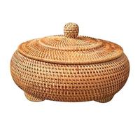 KODENG Round Rattan Boxes with Lid Hand-Woven Multi-Purpose Wicker Tray 8.6Inch Picnic Food Bread Table Storage Basket (22x13cm)