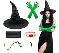 Kodepro 5Pcs Witch Hat Set, Witch Costume Accessories Set with Black Wizard Hat Green Gloves S-Shaped Glasses Ring Glasses Case for Women Cosplay Party Carnival Masquerade Halloween