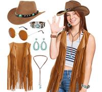 Kodepro 6 Pcs Western Cowgirl Accessories Set for Women, 70s Hippy Fancy Dress Kit with Tassel Vest Cowboy Hat Round Glasses Turquoise Earrings Necklace Bracelets for Hippie Theme Party