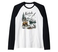 Kodiak Alaska Nature Scene Bear Puffin & Fishing Boat Raglan Baseball Tee