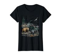 Kodiak Alaska Nature Scene Bear Puffin & Fishing Boat Value Graphic T-Shirt, Women, Black, M