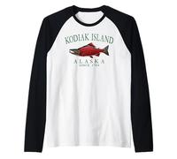 Kodiak Island Alaska Salmon Since 1784 Arched Green Letters Raglan Baseball Tee